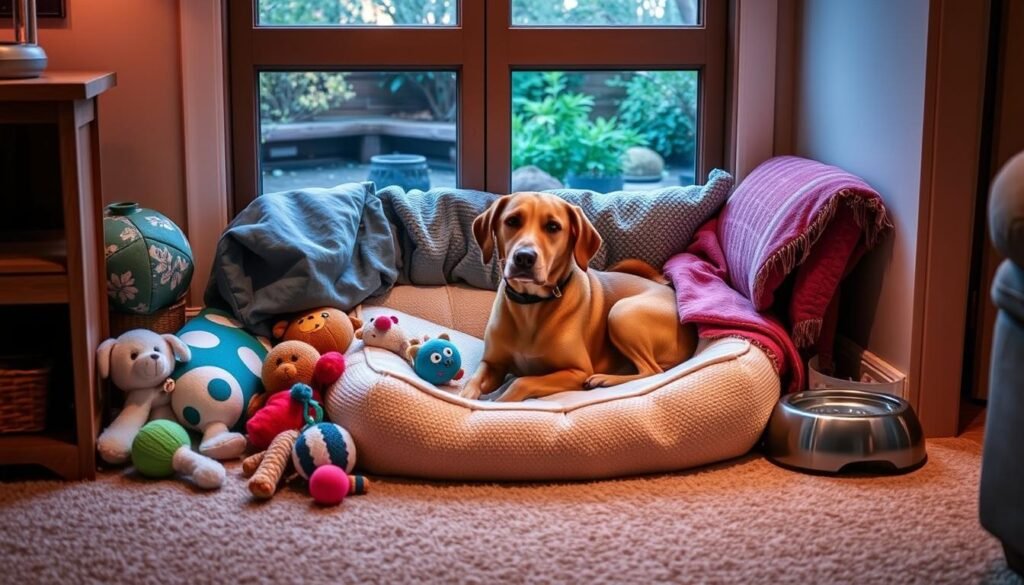 Dog comfort zone with familiar objects